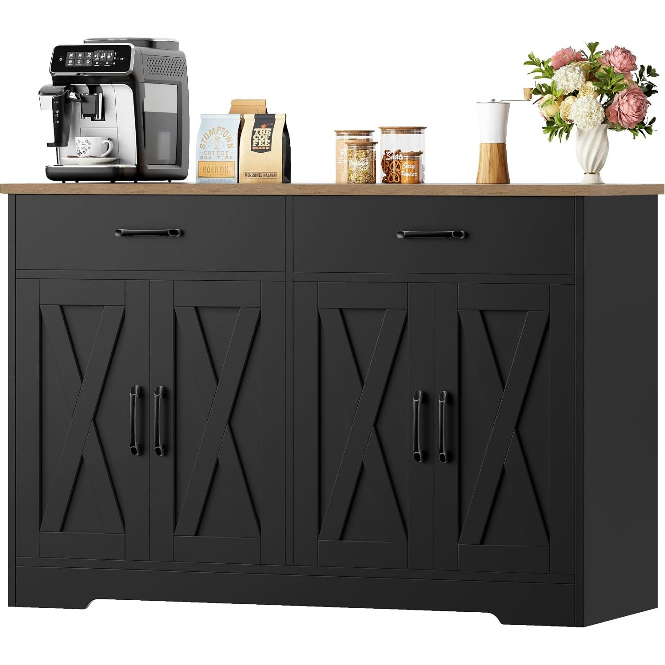 Meuble cuisine noir antique 120 cm avec quatre portes, deux tiroirs et rangement interieur