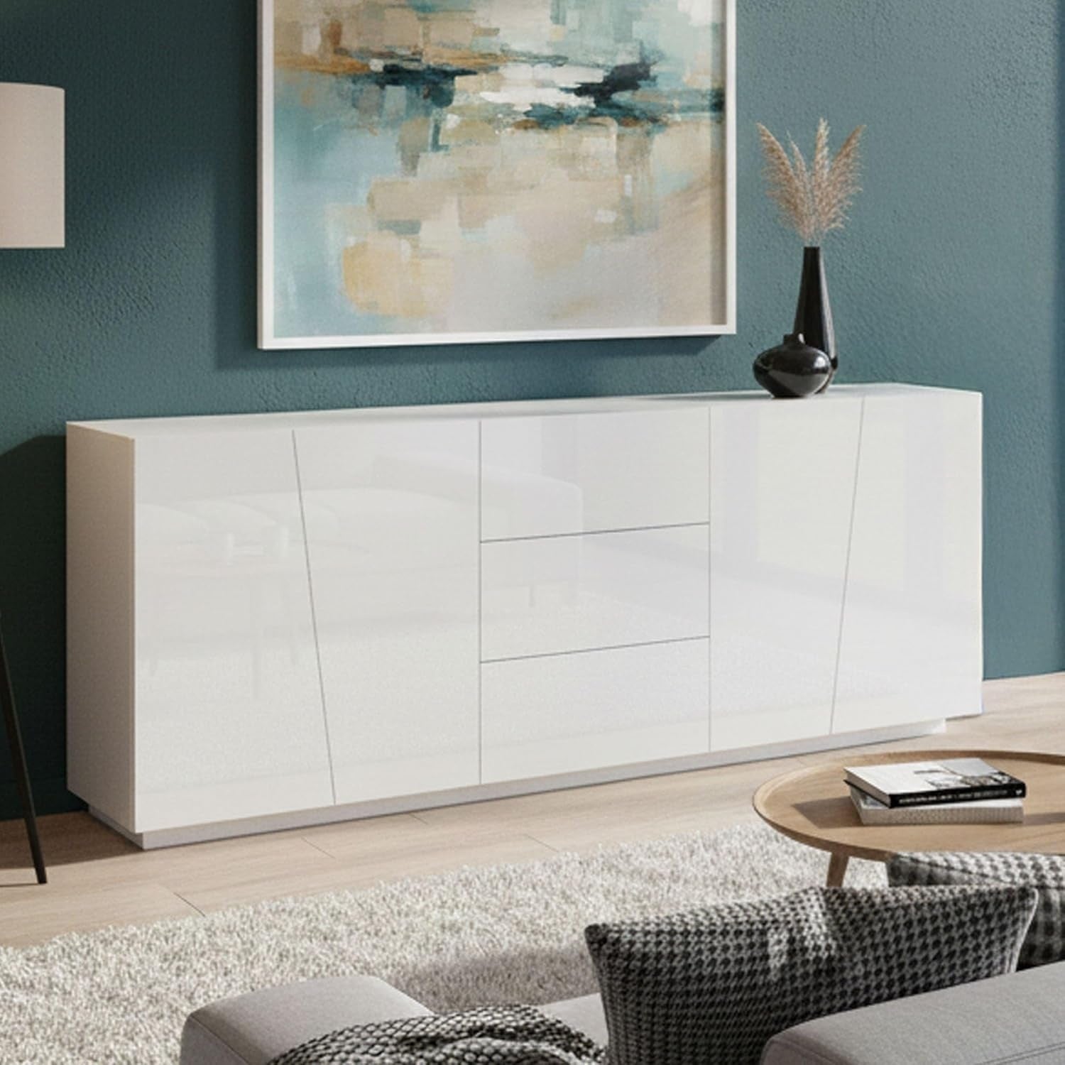 Grand buffet blanc brillant avec quatre portes et trois tiroirs, meuble de cuisine et salon au style italien contemporain