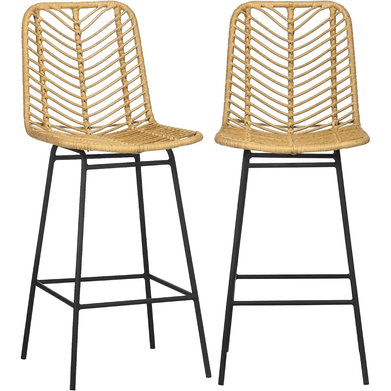 Deux tabourets hauts jaunes avec dossier en cannage et hauteur d'assise 66 cm, mobilier moderne pour bar ou cuisine