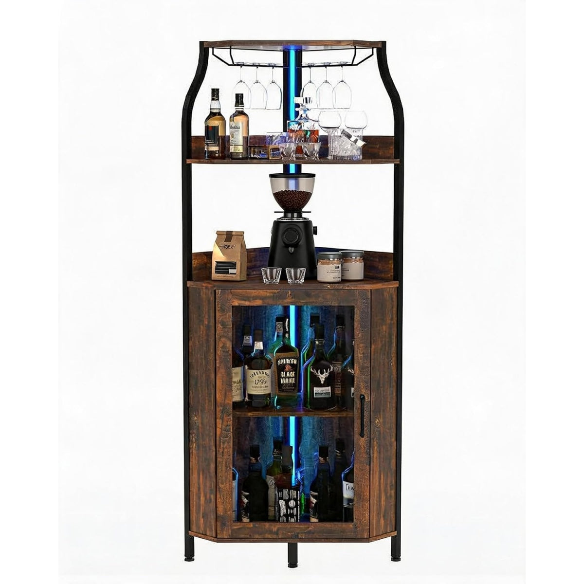 Bar d angle sur pied de 172 cm avec eclairage LED, prise electrique, porte vitree et support bouteilles amovible pour cuisine et sejour