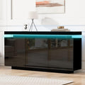 Buffet brillant noir 140 x 35 x 72,5 cm avec LED reglable, trois tiroirs et quatre espaces de rangement