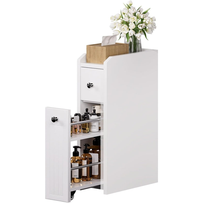Petit meuble colonne blanc avec tiroirs, rangement vertical compact pour cuisine salon salle de bain ou espaces reduits
