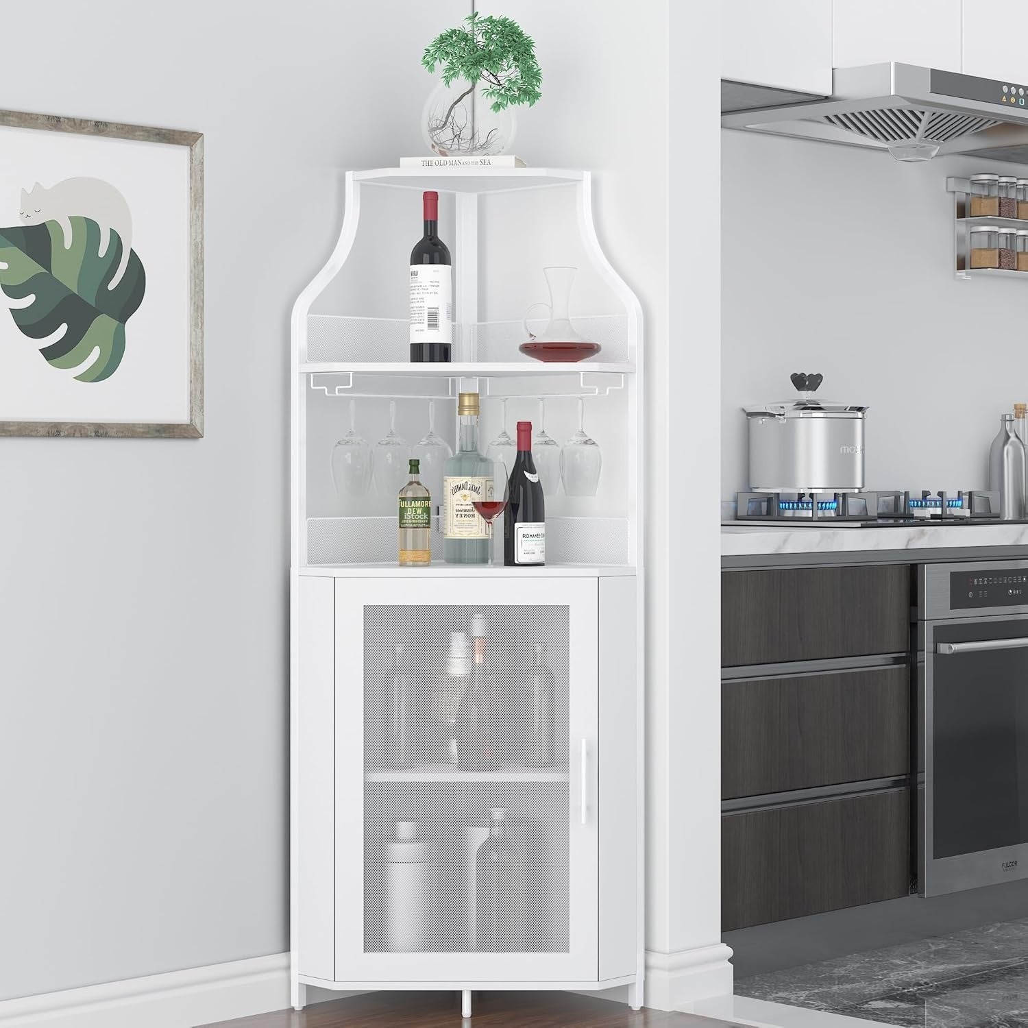 Bar d angle blanc multifonction avec 5 plateaux et lumiere LED pour bouteilles et accessoires