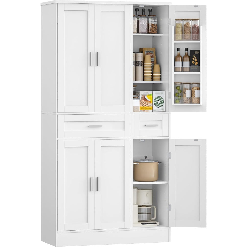 Armoire cuisine moderne blanche avec six portes, deux grands tiroirs et neuf niveaux