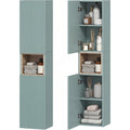 Colonne salle de bain verte 140 cm avec deux portes, meuble vertical compact pour rangement quotidien