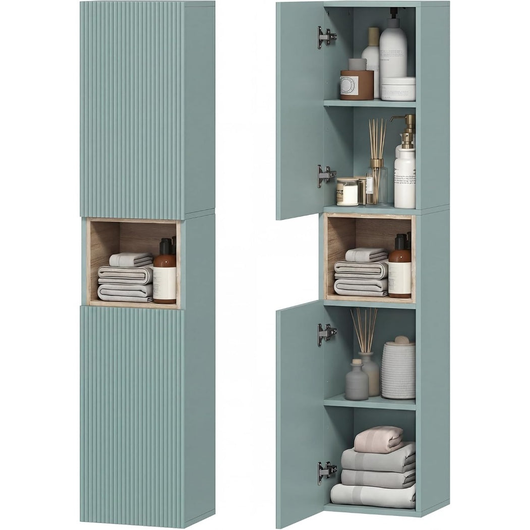Colonne salle de bain verte 140 cm avec deux portes, meuble vertical compact pour rangement quotidien
