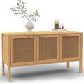 Meuble bas contemporain en bois et cannage 110 cm avec trois portes, alliance naturelle pour salon et salle a manger