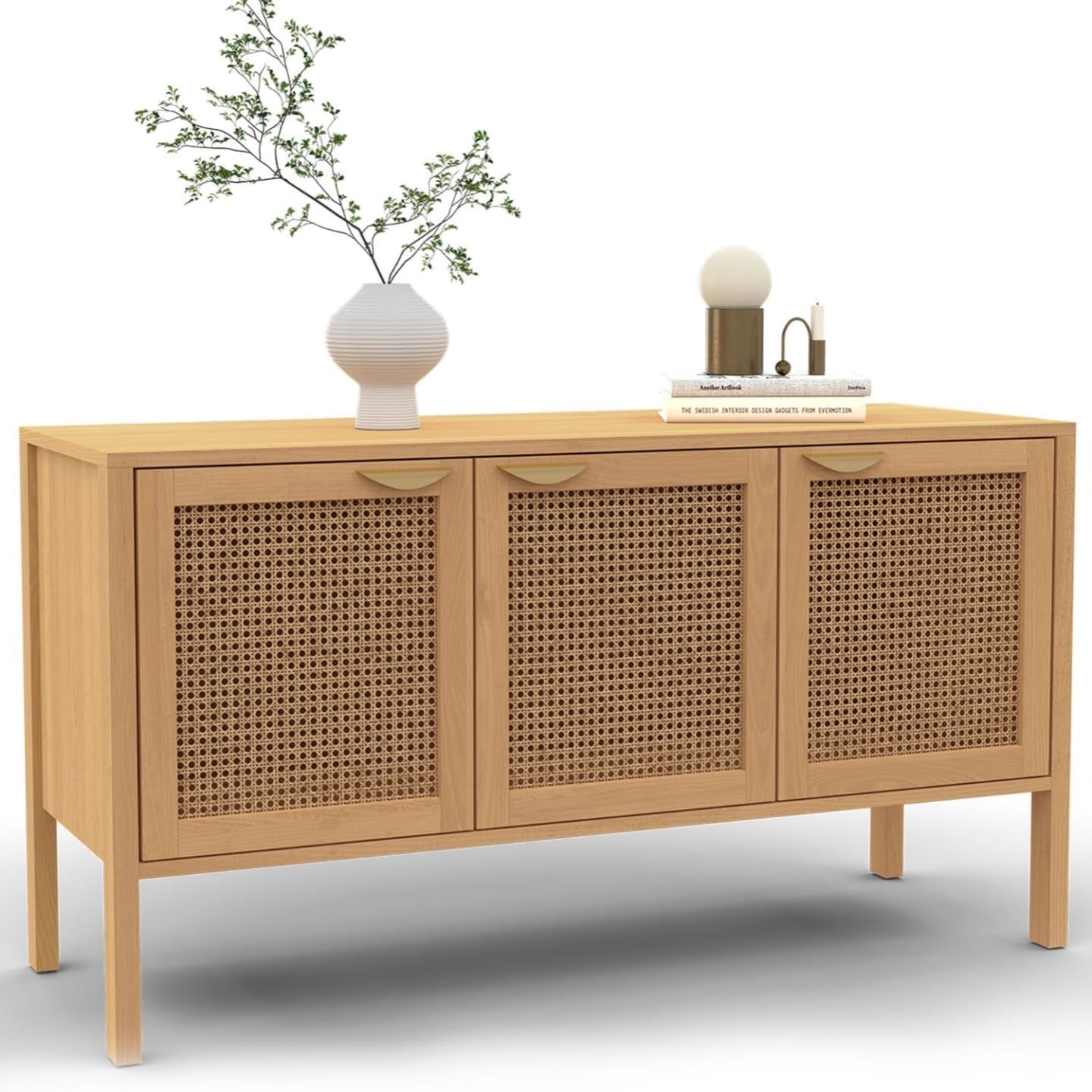 Meuble bas contemporain en bois et cannage 110 cm avec trois portes, alliance naturelle pour salon et salle a manger