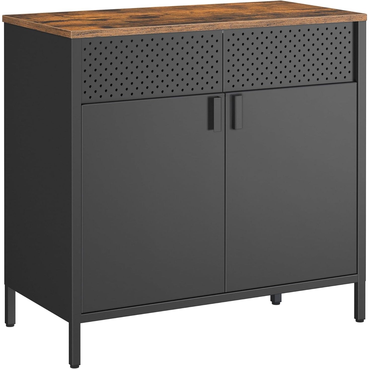 Buffet metallique marron rustique et noir avec double porte, fermeture magnetique et structure acier