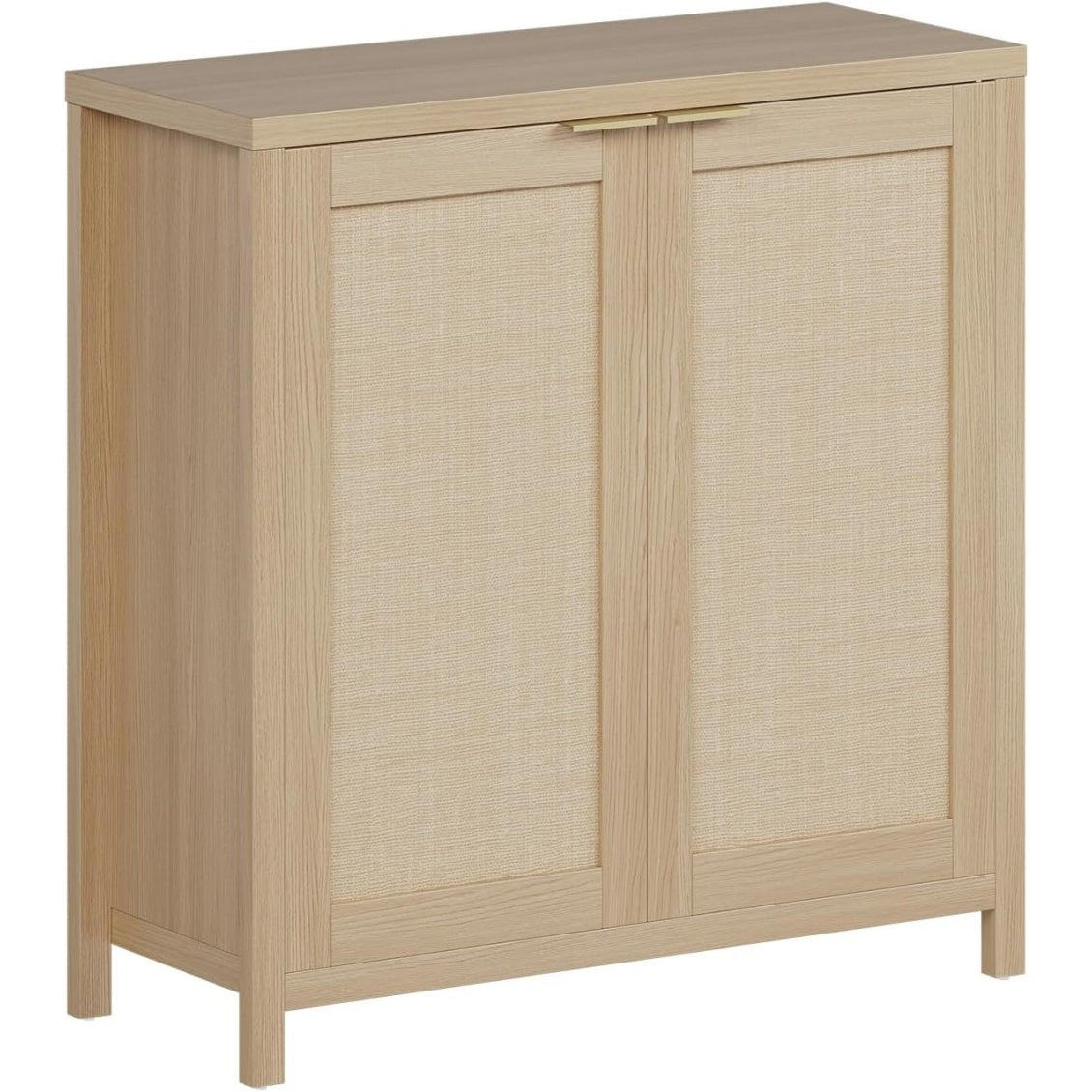 Credence entree en bois avec facades rotin, deux tiroirs et tablettes reglables, style campagne pour maison