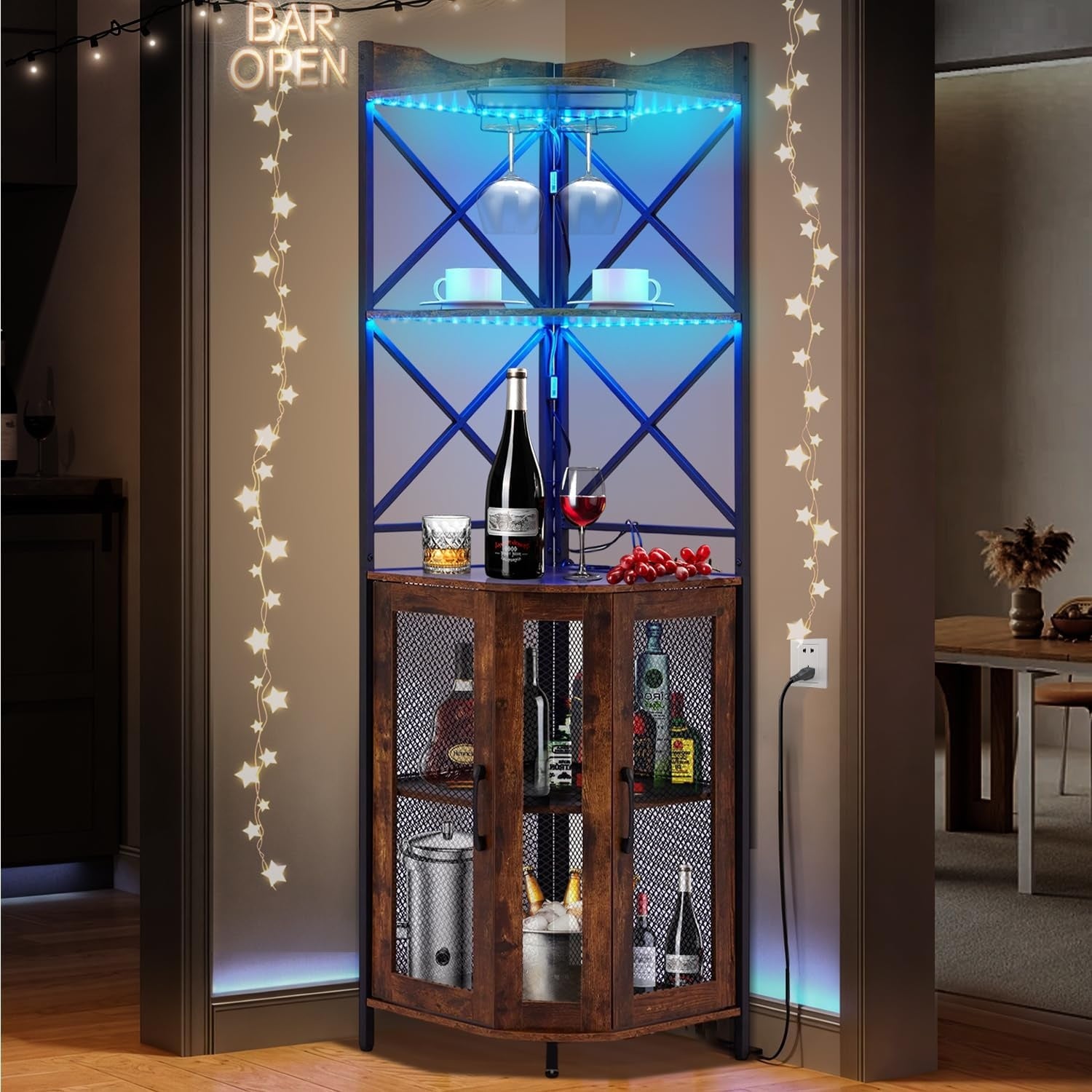 Meuble bar d angle marron avec style rustique, prise USB, lumiere LED et rangements sur 5 niveaux