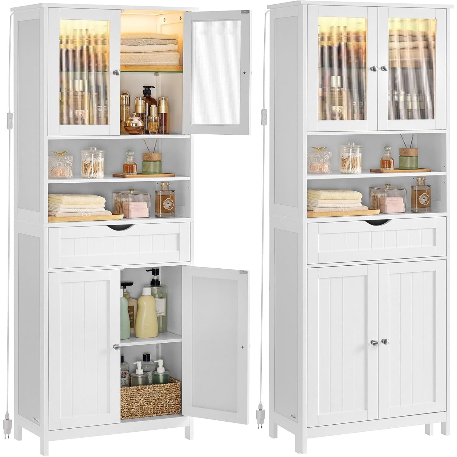 Meuble rangement blanc avec eclairage integre, tiroir, niches ouvertes et etageres reglables