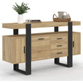 Bahut 140 cm avec trois portes et trois tiroirs, finition bois et noir, meuble de rangement elegant pour salon ou salle a manger