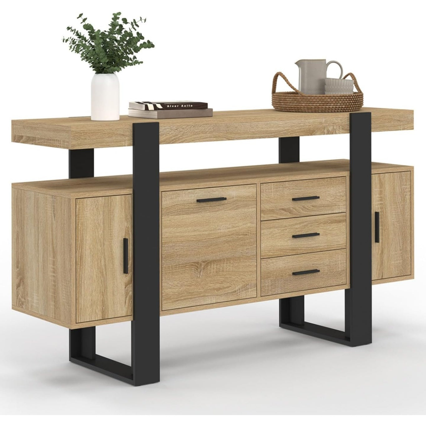 Bahut 140 cm avec trois portes et trois tiroirs, finition bois et noir, meuble de rangement elegant pour salon ou salle a manger