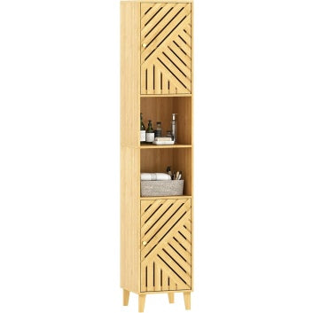 Armoire haute bois naturel 170 cm avec compartiments multiples, meuble vertical adapte aux petits espaces