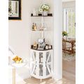 Meuble bar d'angle industriel avec cinq niveaux, LED integree, porte verres et support pour douze bouteilles