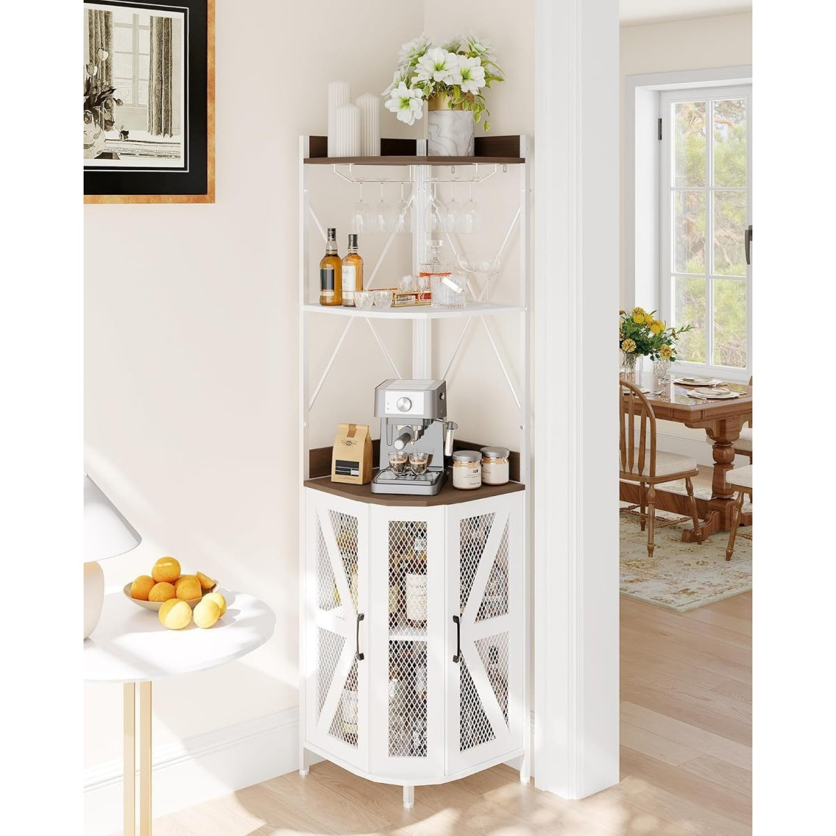 Meuble bar d'angle industriel avec cinq niveaux, LED integree, porte verres et support pour douze bouteilles