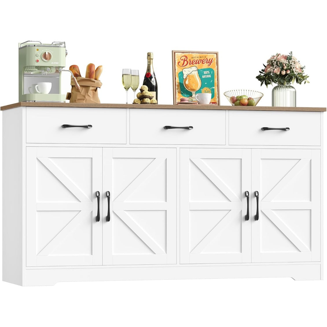 Meuble cuisine 150 cm avec quatre portes et trois tiroirs, buffet spacieux pour rangement quotidien