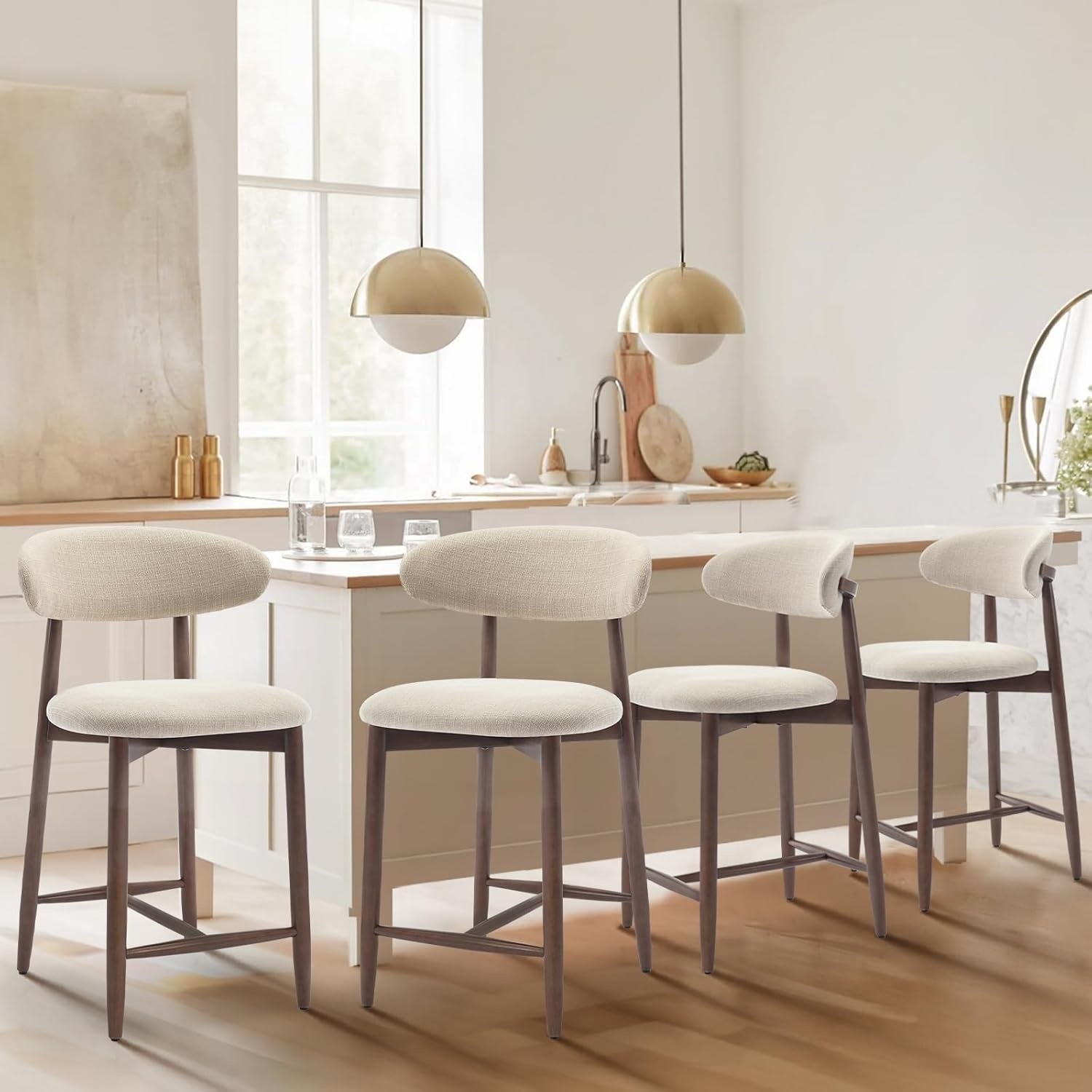 Lot de 4 tabourets de bar beiges avec dossier et pieds en bois, sieges confortables pour cuisine bar salle a manger ou bureau