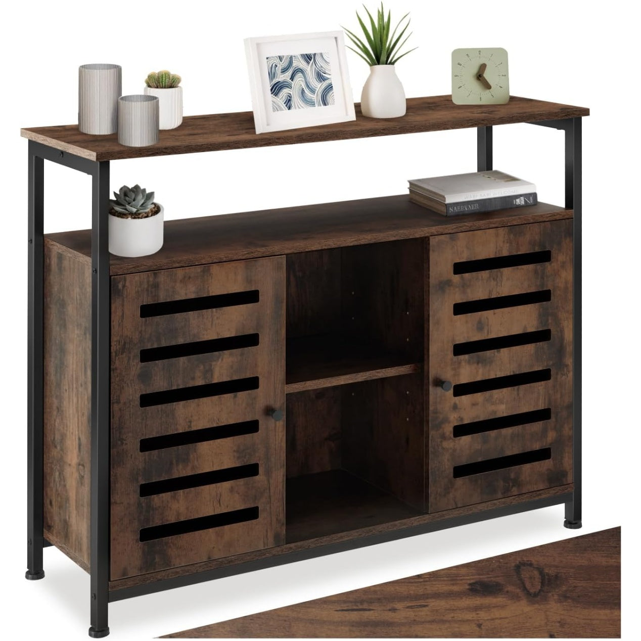 Rangement industriel bois fonce 100 cm avec placards et etageres ouvertes, meuble polyvalent pour maison