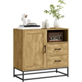 Buffet bois naturel avec porte, deux tiroirs et niche ouverte, meuble pratique 80 x 40 x 78 cm