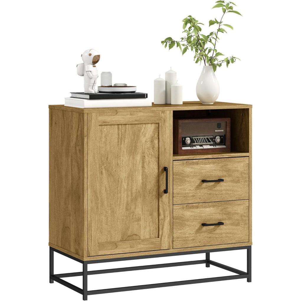 Buffet bois naturel avec porte, deux tiroirs et niche ouverte, meuble pratique 80 x 40 x 78 cm
