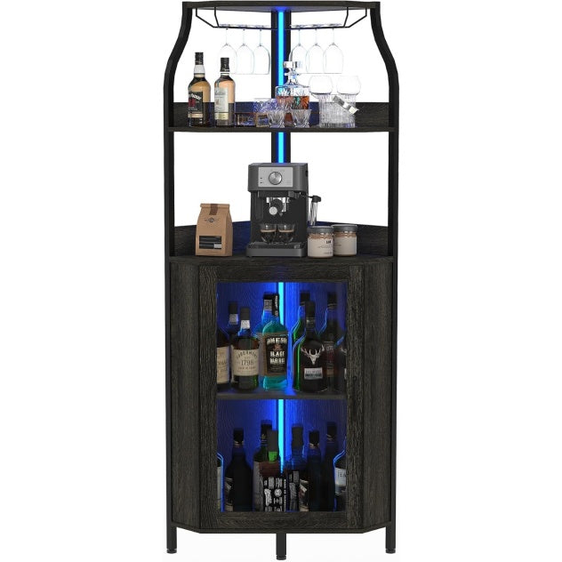 Bar noir en MDF avec forme arrondie, porte vitree, eclairage LED et supports pour bouteilles