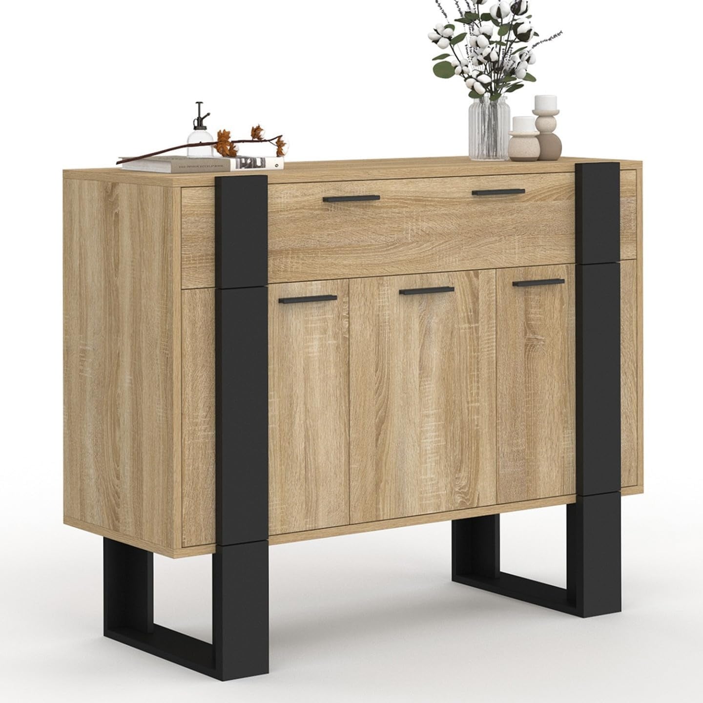 Petit buffet bois noir 100 cm avec trois portes et tiroir de rangement pratique