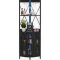 Meuble bar d angle pour bouteilles avec prise integree et eclairage LED, 5 etageres, porte verres et facade grillagee pour cuisine ou salle a manger