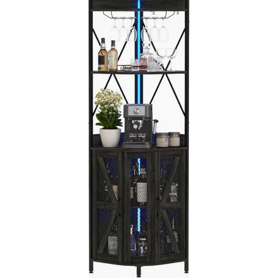 Meuble bar d angle pour bouteilles avec prise integree et eclairage LED, 5 etageres, porte verres et facade grillagee pour cuisine ou salle a manger
