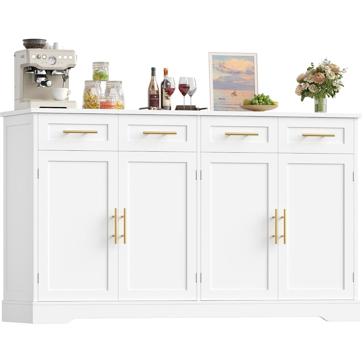 Meuble cuisine 150 cm avec quatre tiroirs et quatre portes, buffet blanc spacieux pour organiser la maison