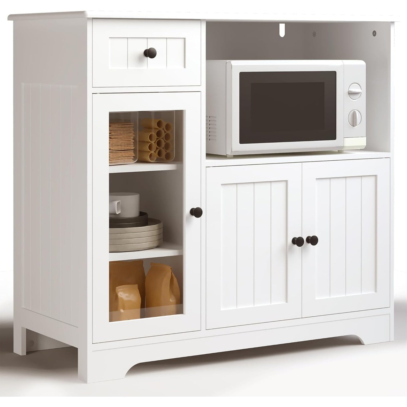 Petit meuble bas blanc avec espace de stockage, format compact adapte a la cuisine, au salon ou a la salle a manger